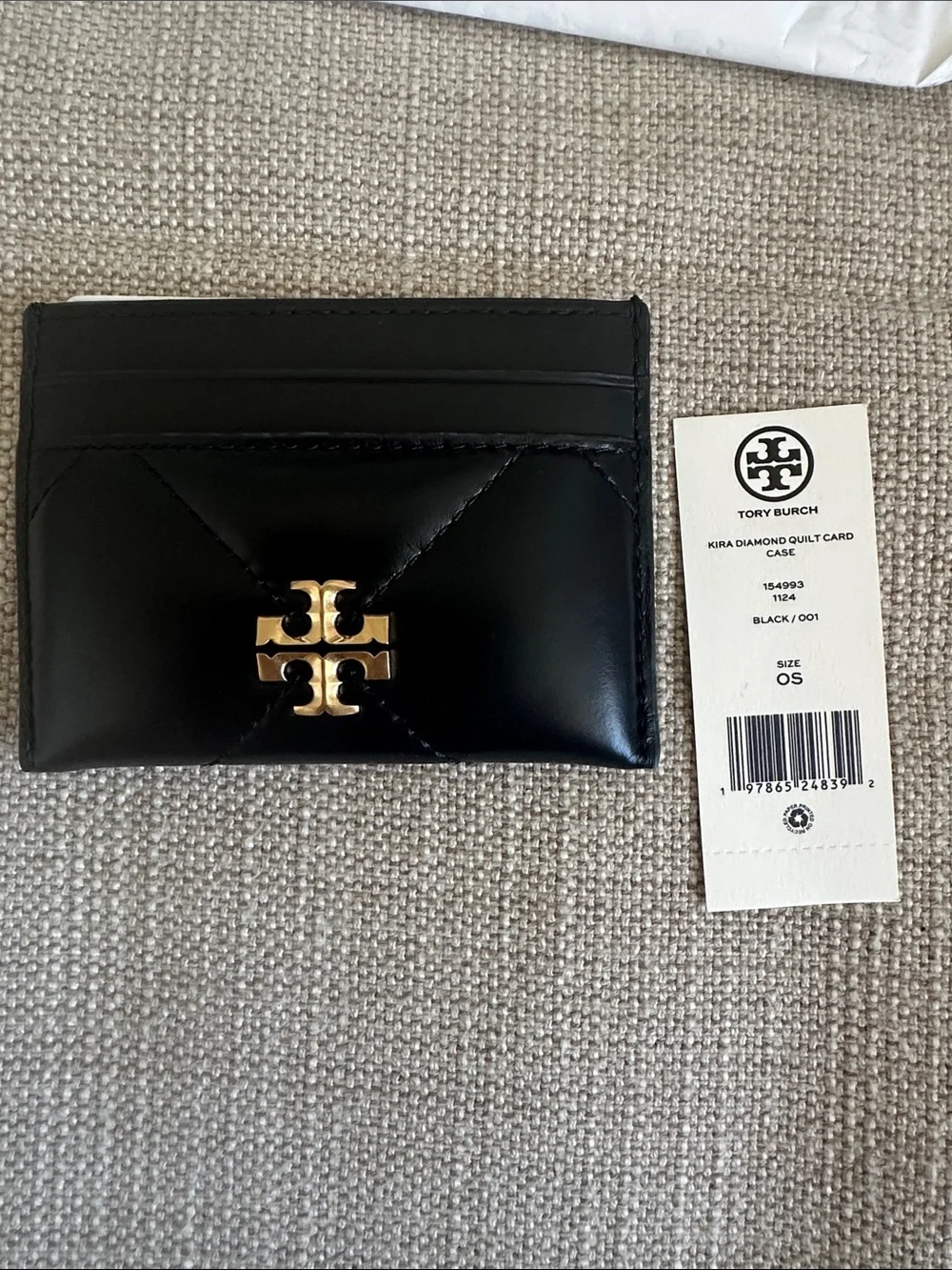 Tory Burch Kira Diamond Quilt Card Case- black with gold logo